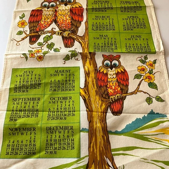 Vtg Tea Towel Calendar Owls In Tree Give Thanks Fruits Flowers Mushrooms - Picture 5 of 9